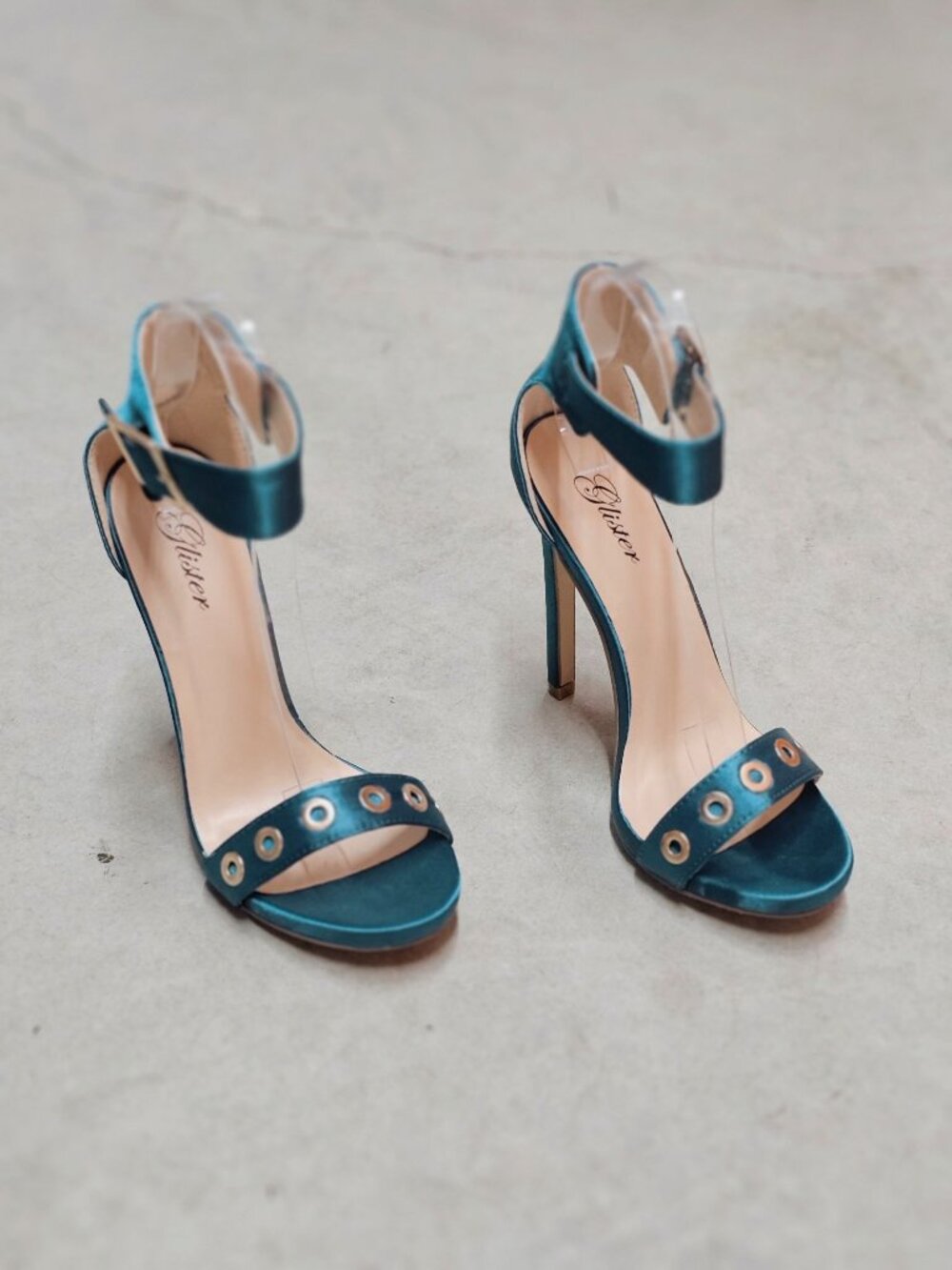 Teal Satin High Heel Sandals With Ankle Strap & Grommet Detail Womens - Picture 4 of 13
